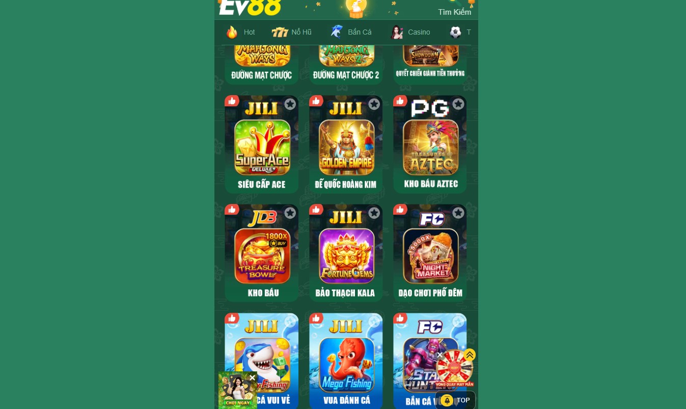 Sảnh game nổ hũ tại nhà cái EV88